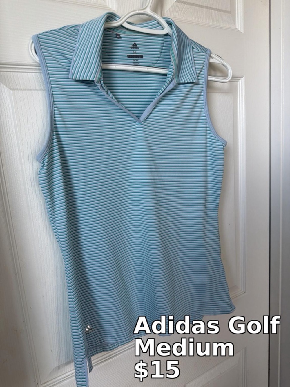 adidas Light Blue Striped Sleeveless Golf Polo